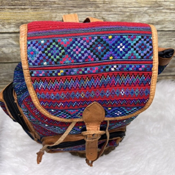 Multicolor Tapestry Embroidered Fabric Tan Leather Trim Drawstring Backpack main image 5